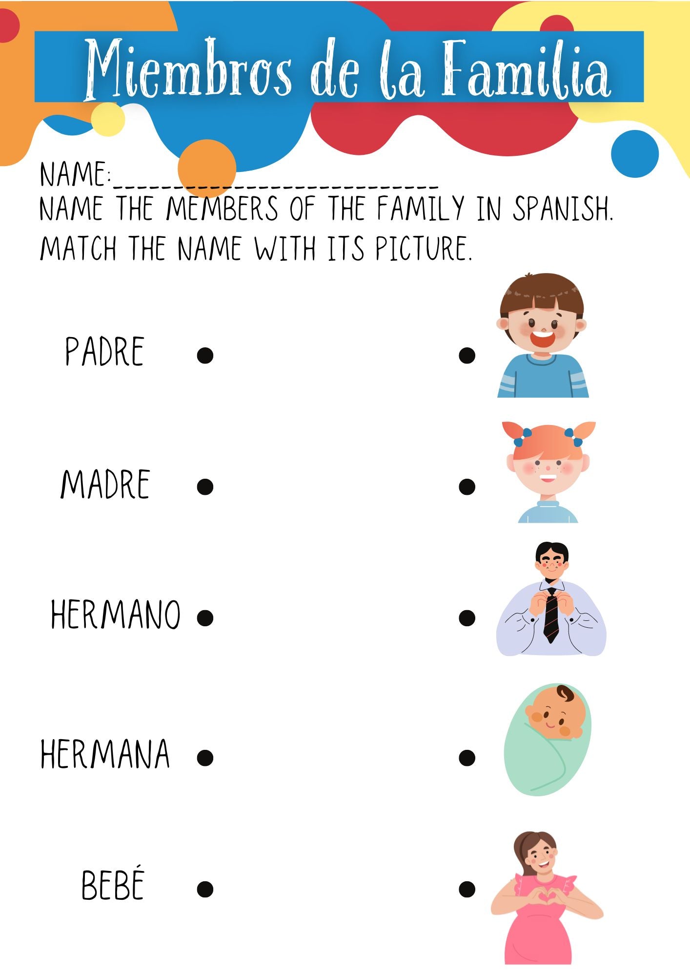 Free Printable Members of the family Spanish Class Activity (Miembros de la familia matching game)