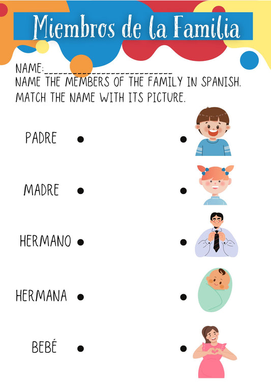 Free Printable Members of the family Spanish Class Activity (Miembros de la familia matching game)